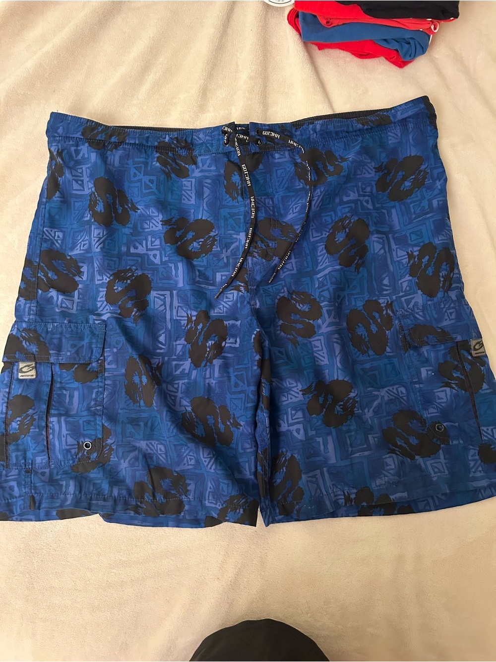 Men's Blue Patterned Swim Board Shorts with Black Print